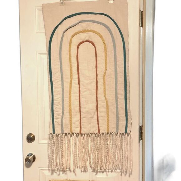 RAINBOW Wall Hanging Tapestry with Wool Yarn Fringe Hanging Hooks 45 x 22 inches - Picture 1 of 10